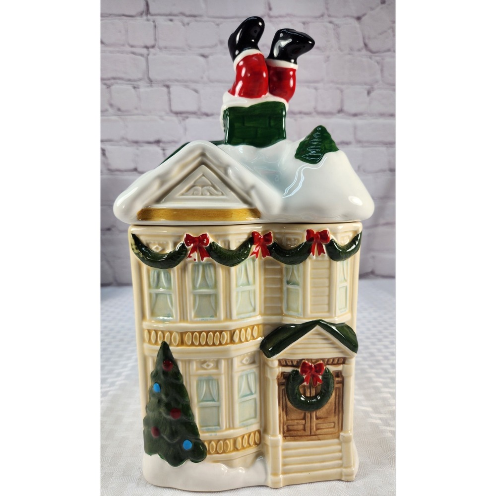 Vtg NWT HOMCO Christmas Cookie Jar Victorian House Santa Stuck in Chimney 1990